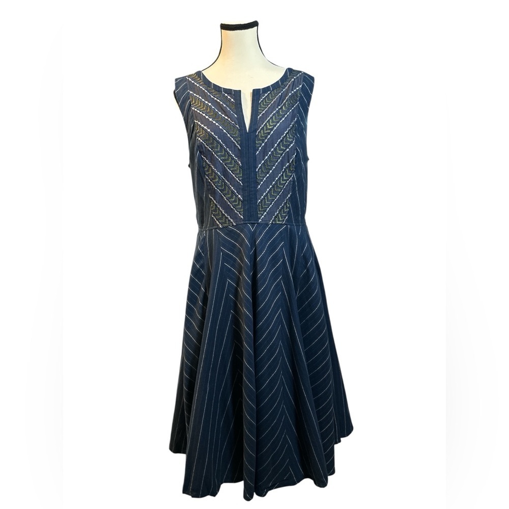 eShakti Navy Blue Striped Midi Dress with Beautiful Embroidery